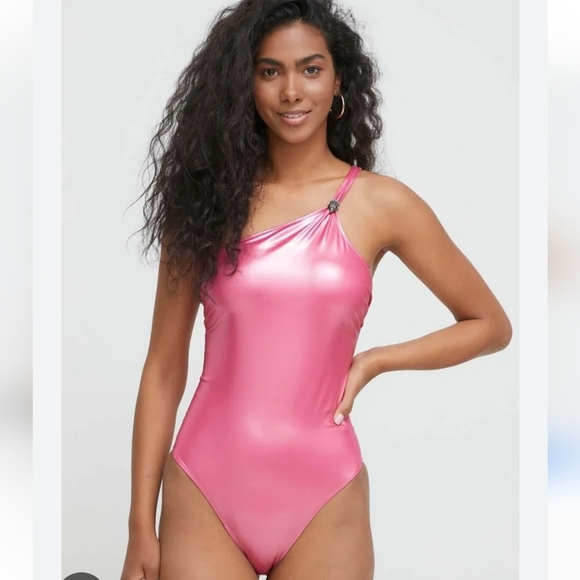 Kurt Geiger London kensington pink fuchsia metallic 1pc one shoulder swimsuit - Picture 1 of 6